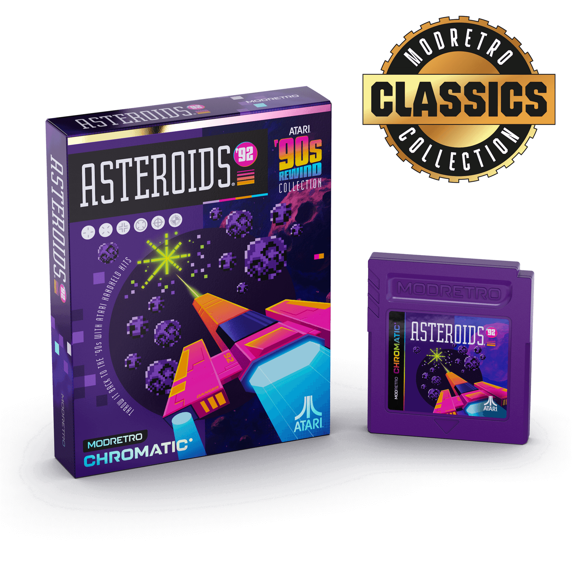 Asteroids game box and cartridge with Moiretro Classics Collection logo on a black background