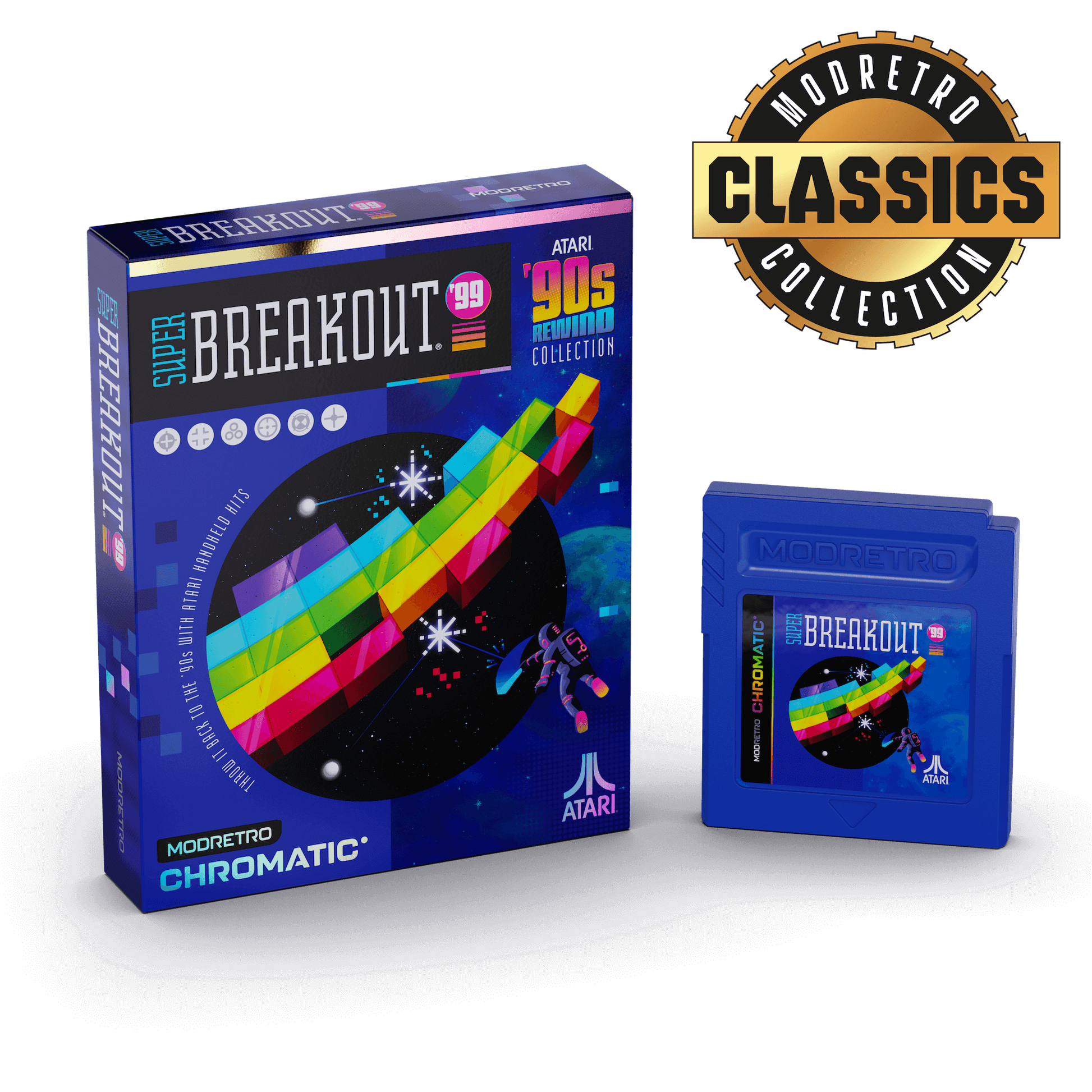 Super Breakout game cartridge and packaging with Mooretro Classics Collection logo on a black background