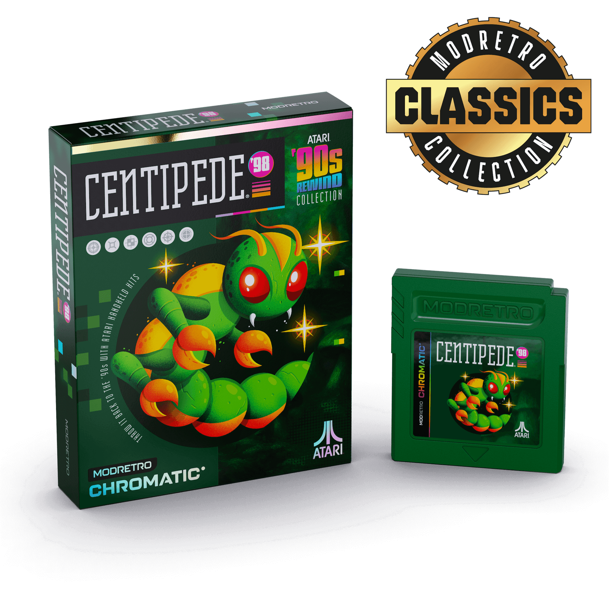 Atari Centipede game box and cartridge with Mod Retro Classics Collection logo on a black background