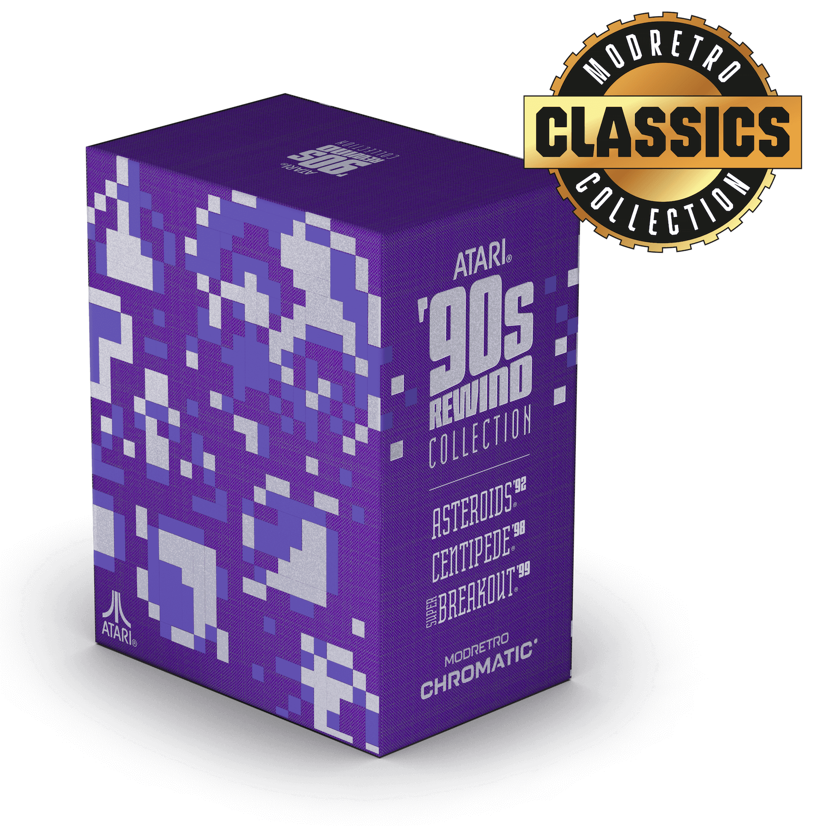 Purple Atari '90s Rewind Collection box with pixelated design on a black background