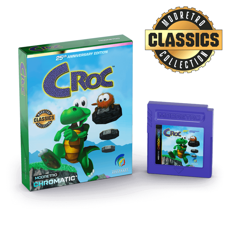 Croc game cartridge and packaging with Mod Retro Classics logo on a black background