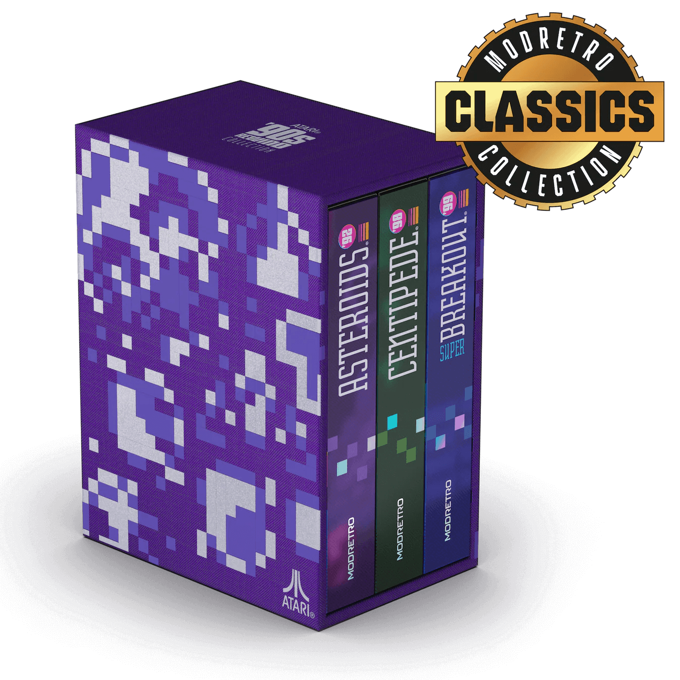Purple pixelated box with two books titled 'Asteroids' and 'Centipede' on a black background, featuring the Mooretro Classics Collection logo.
