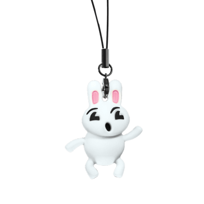 White cartoon bunny character charm with pink ears on a black background