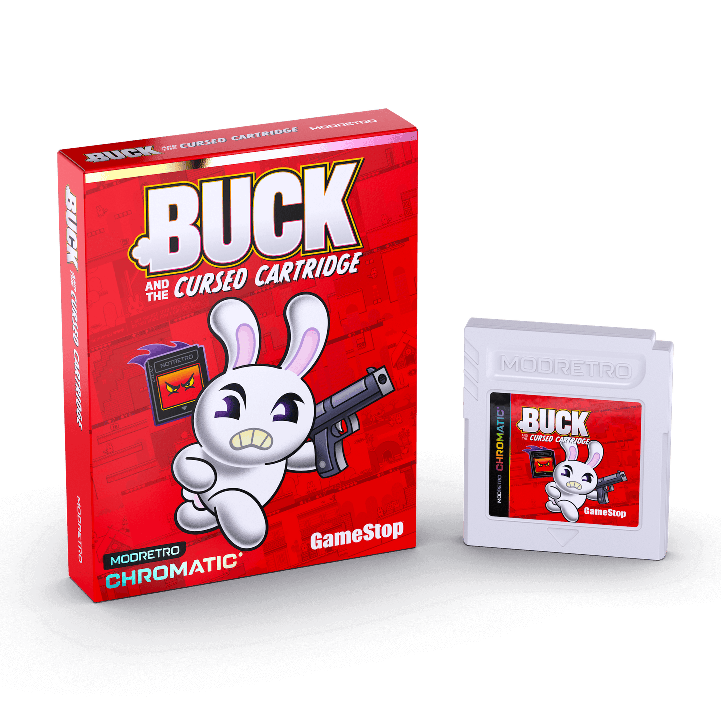 Game cartridge packaging for 'Buck and the Cursed Cartridge' with a red box and white cartridge on a black background.