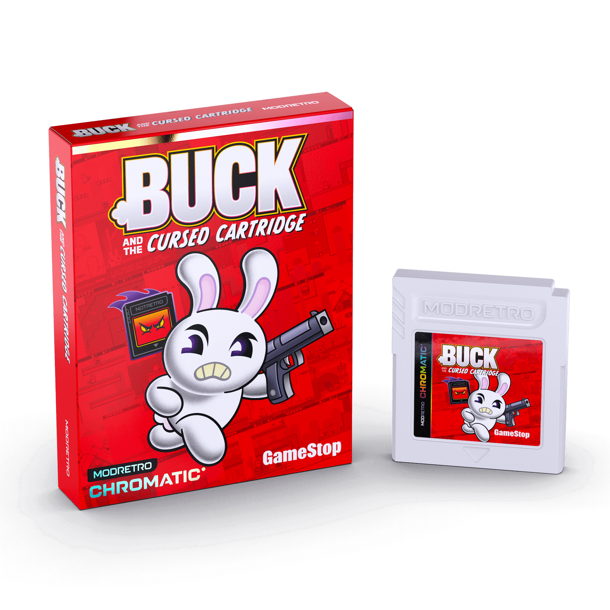 Game cartridge packaging for 'Buck and the Cursed Cartridge' with a red box and white cartridge on a black background.