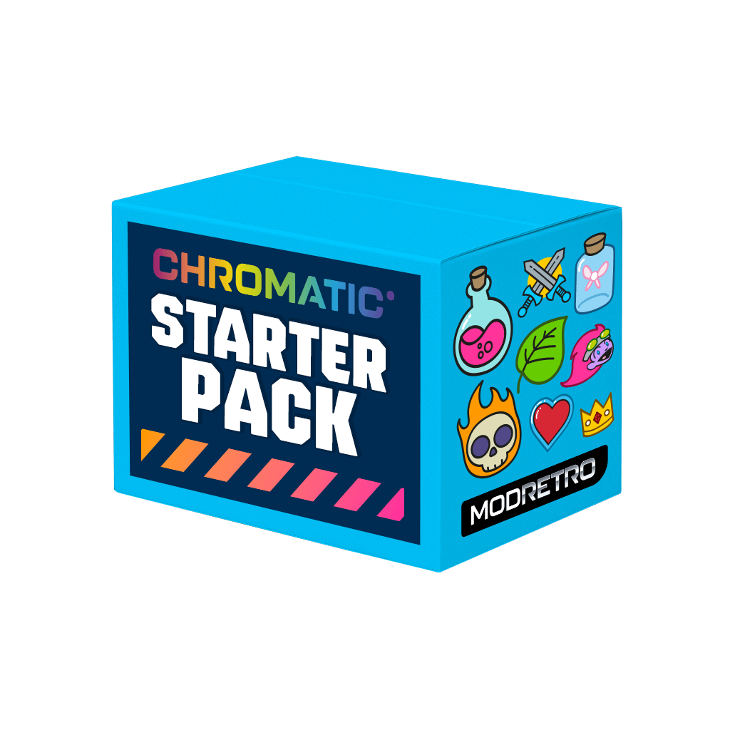 Blue box labeled 'Chromatic Starter Pack' with colorful graphics on a black background